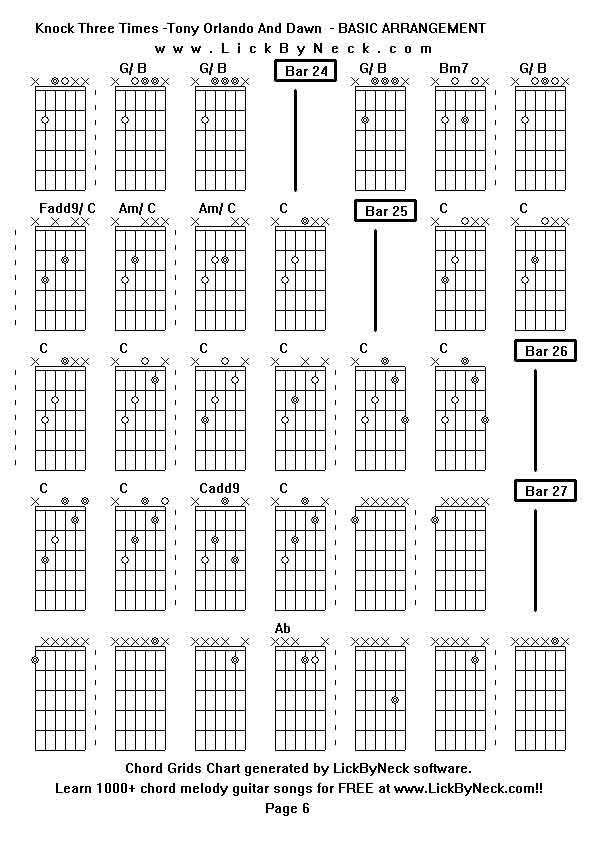 Chord Grids Chart of chord melody fingerstyle guitar song-Knock Three Times -Tony Orlando And Dawn  - BASIC ARRANGEMENT,generated by LickByNeck software.